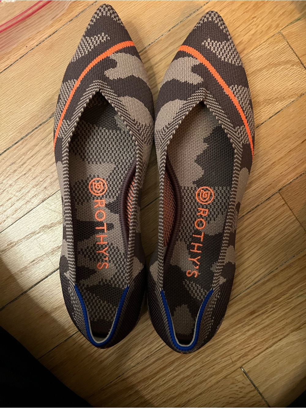 Rothy's Pointed Knit Flats in Brown Camo with Orange Trim